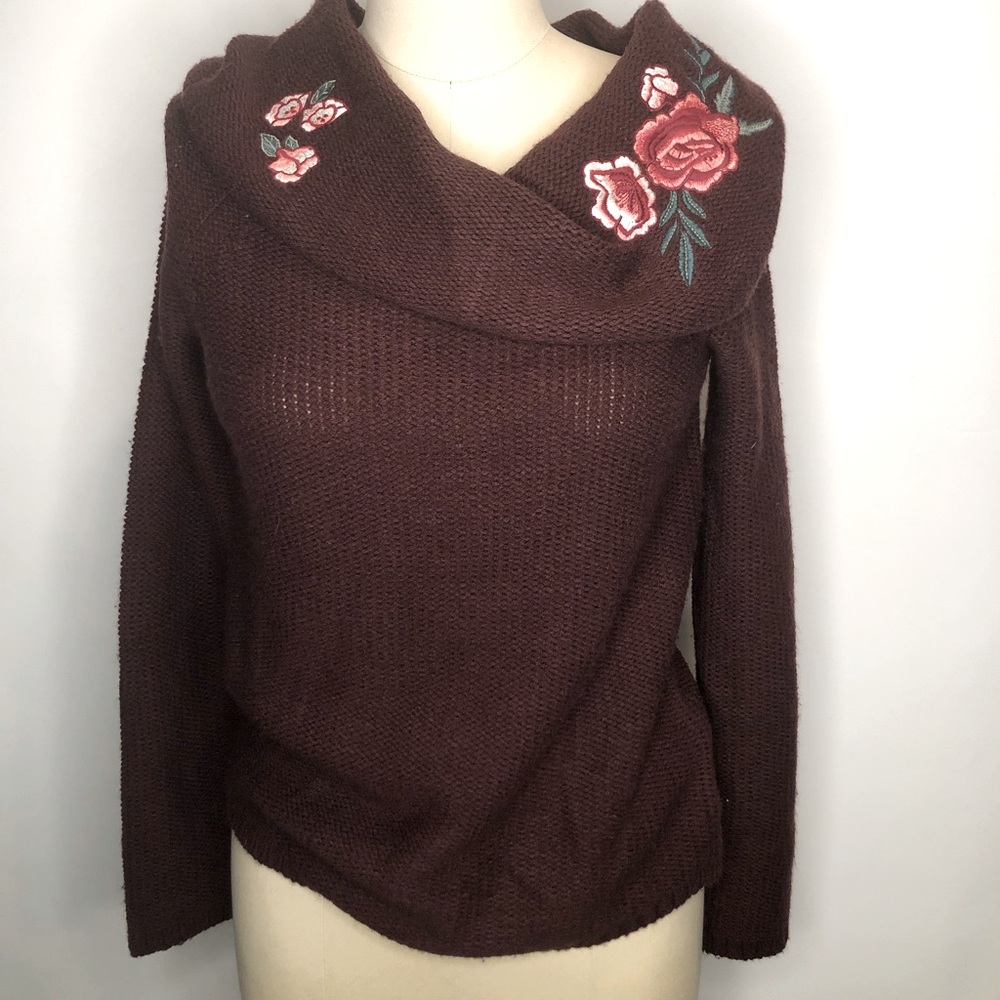 Burgundy Floral Embroidered Cowl Sweater